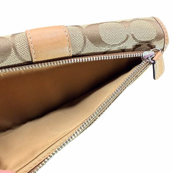 Coach Signature Canvas Tan Leather Trifold Wallet Khaki Beige - Picture 8 of 12